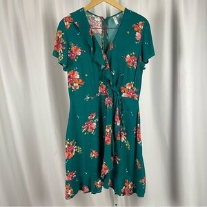 Xhilaration Large Floral Faux Wrap Ruffle Boho Jewel Tone Dress V Neck Vacation